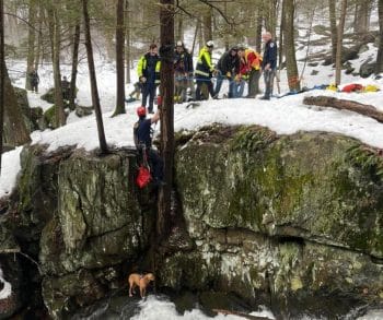 Daring Rescue of a Young Dog Trapped on a Slick Ledge Near a Roaring Waterfall in New York
